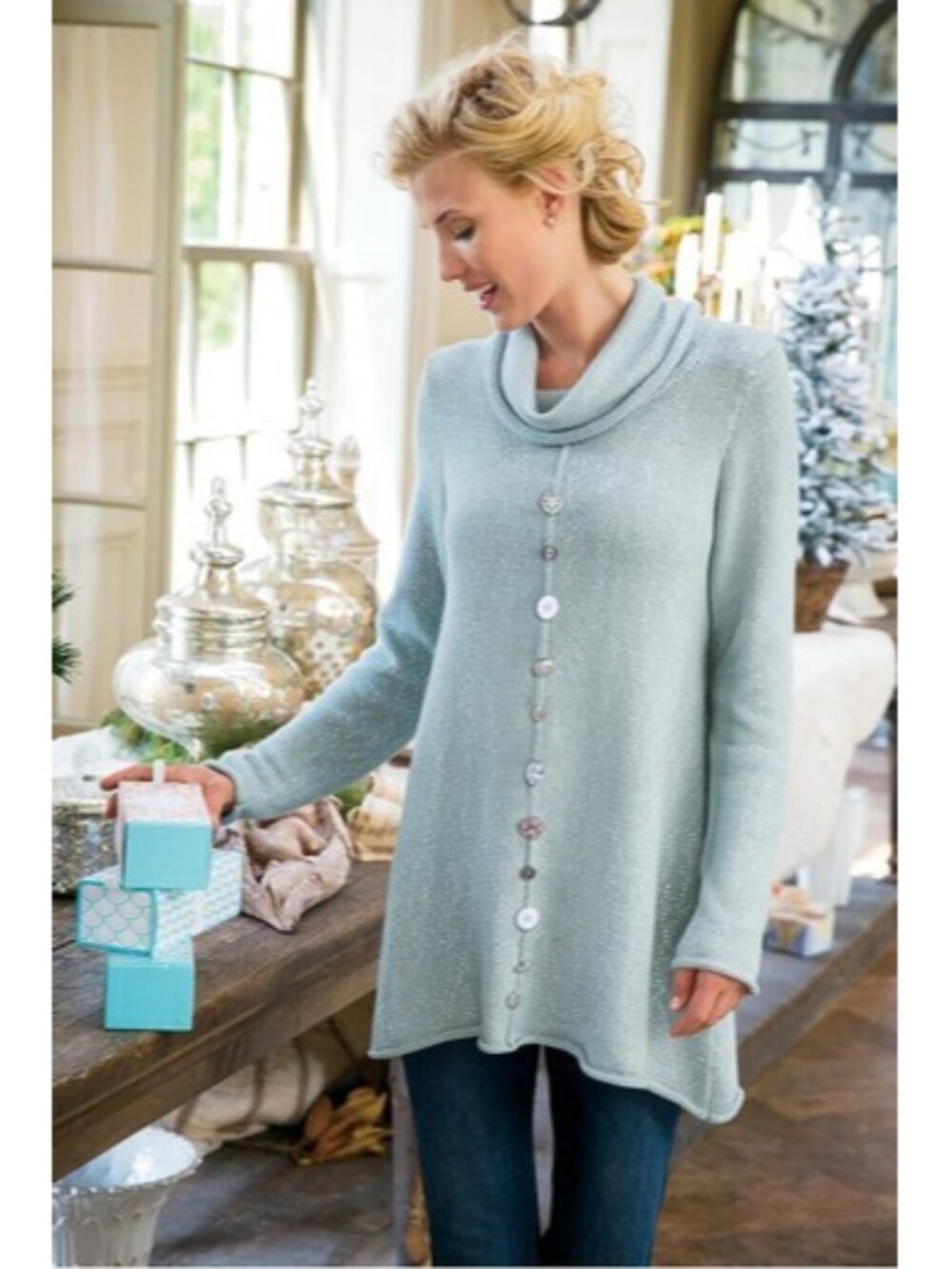 Soft Surroundings Nordic Nights Sweater 1X Womens Mist Light Blue Embellished